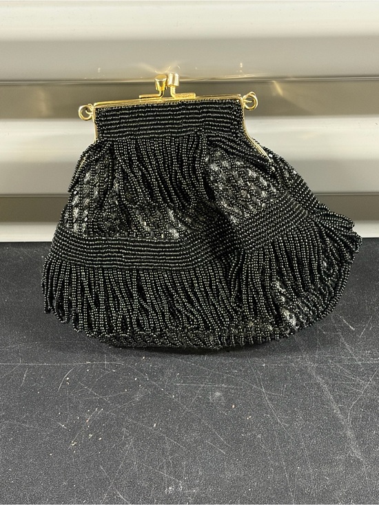 Handbags - Vintage-Inspired Black Beaded Fringe Evening Bag with Gold Frame